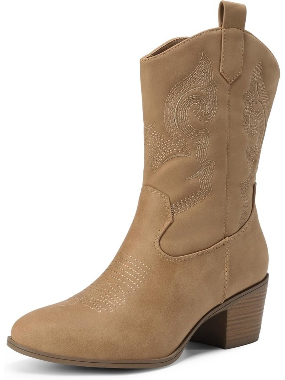 Women’s Tan Mid Calf Cowboy Boots Embroidered Round Toe Western Low Heel